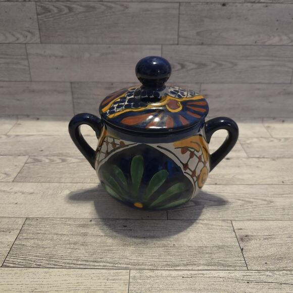 Lidded Talavera Mexico Terracotta Hand Painted Bowl With Handles - Picture 2 of 15